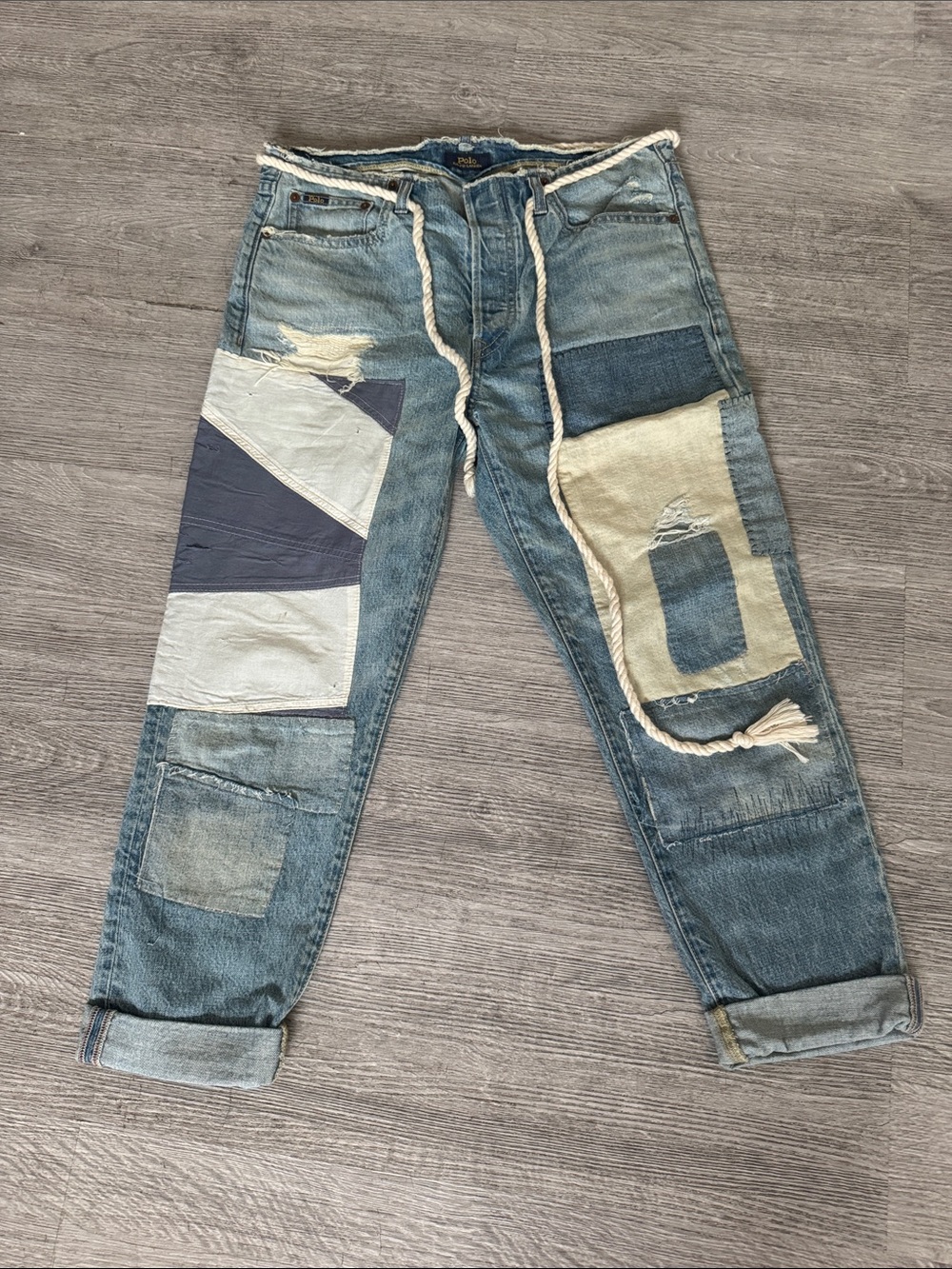 Polo by Ralph Lauren Patchwork Ankle Jeans with Rope Drawstring - Light Blue